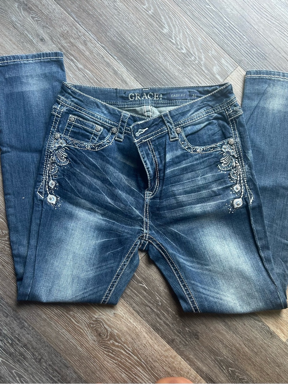 Grace in LA Dark Blue Embroidered Bootcut Jeans